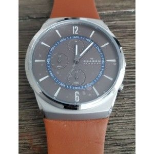 SKAGEN Melbye Mens Chronograph Watch, Gray Blue Dial, Brown Leather Band no box